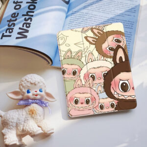 Labubu print folio tablet case: Pink & Brown (017#39)